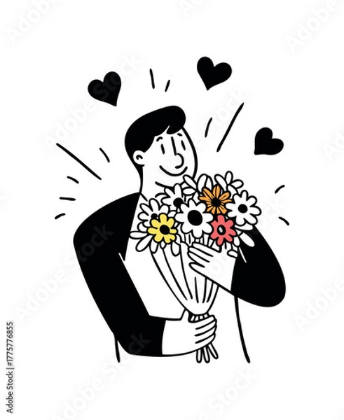 Fototapeta Simple Line Art Man Holding Bouquet of Flowers Vector Illustration