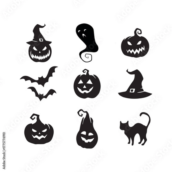 Fototapeta Black Halloween Silhouette Icon Set: Vector Symbols of Pumpkin, Ghost, Bat, Witch Hat, and Cat