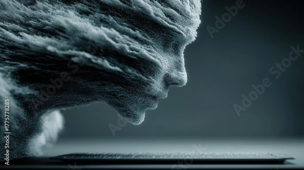 Obraz Abstract face sculpture with textured surface in gray tones against a dark background.