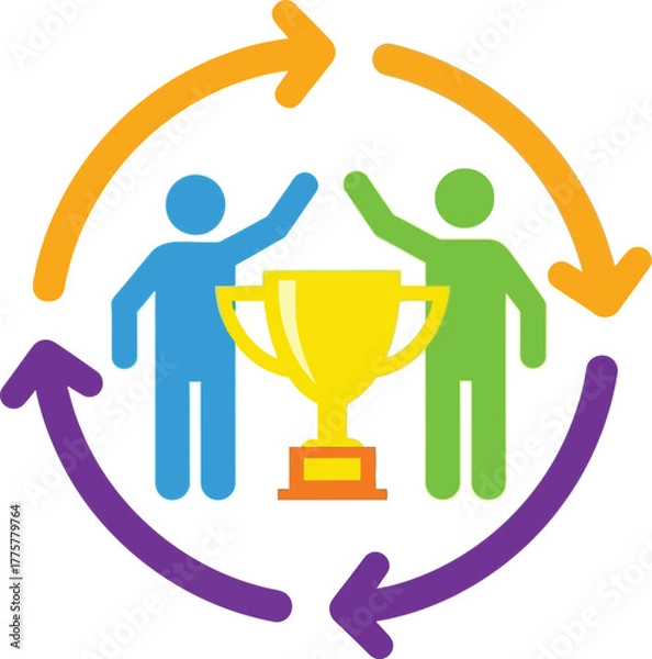 Obraz People celebrating success with a trophy surrounded by colorful circular arrows
