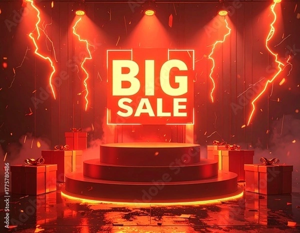 Obraz 3D Render of Stage Podium with Big Sale Text and Dramatic Lighting