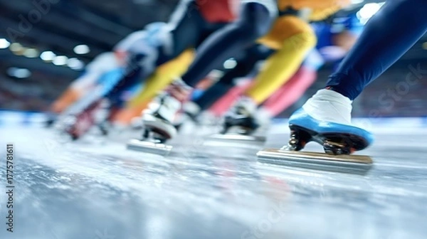Fototapeta Speed skaters propelling across the ice rink, feet and blades blurred with motion, creating a dynamic sense of speed and intense competition in a winter sport