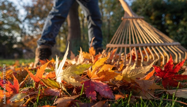 Fototapeta Close-Up of Colorful Autumn Leaves with Person Raking in Garden – Realistic Fall Afternoon Scene