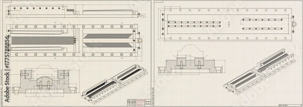 Fototapeta Mechanical engineering drawings on light background. Cutting tools, milling cutter. Technical Design. Cover. Blueprint. Horizontal seamless pattern. Vector illustration.