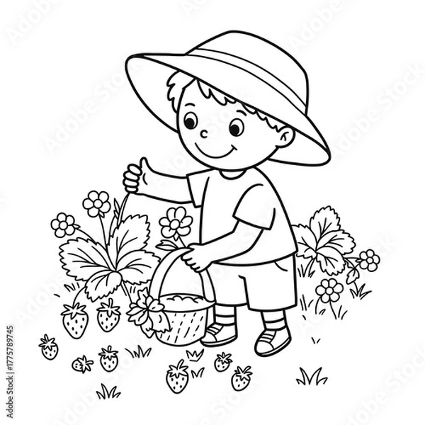 Fototapeta A child in a hat picks strawberries and holds a basket