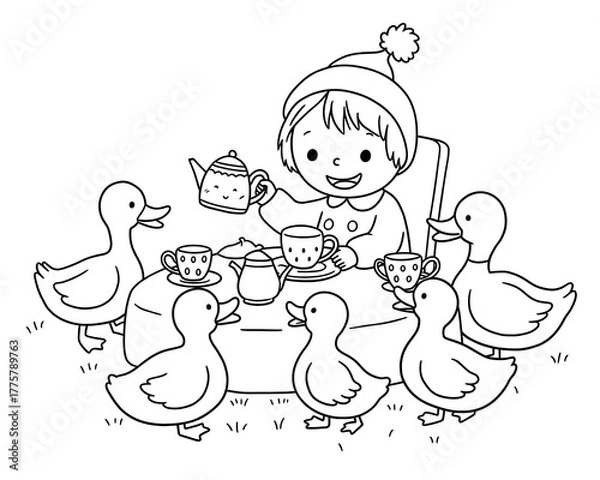 Fototapeta A child serves tea to ducks at a table