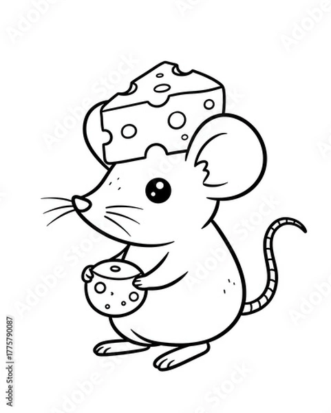 Fototapeta Cute mouse with cheese on its head and in its paws