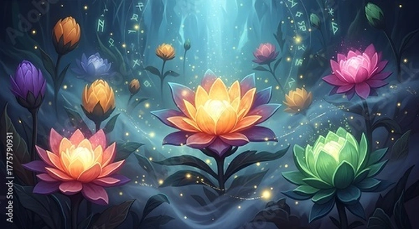 Obraz A digital illustration depicts a fantastical scene of glowing, brightly colored lotus-like flowers set in a dark, mystical forest or cavern. The flowers are various shades of purple, orange, pink, and