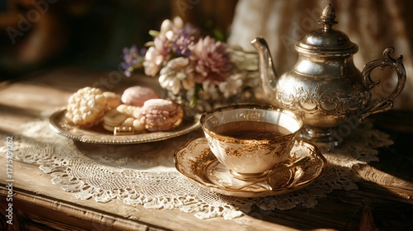 Fototapeta アンティークなティーセットで楽しむ、優雅な午後のティータイム