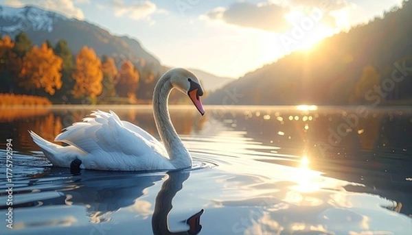 Fototapeta Elegant white swan glides serenely on a calm lake reflecting warm golden sunlight filtering through autumn trees on rolling hillsides