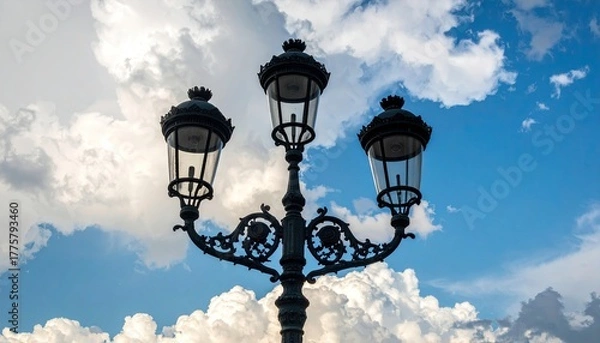 Fototapeta Ornate Black Street Lamp With Three Glass Lanterns Against a Dramatic Blue Sky With Puffy White Clouds and Sunlight Shining Through