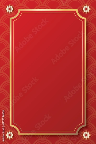 Fototapeta Golden vertical frame with flowers Chinese style on red background.