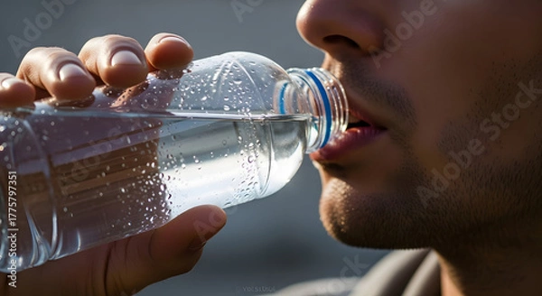 Fototapeta Man drinking refreshing water from a plastic bottle