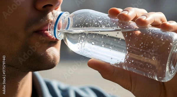 Fototapeta Thirsty man hydrating with a bottle of clear water