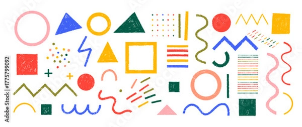 Fototapeta Funky crayon drawn geometric shapes and doodle lines. Colorful pencil or chalk drawn naive Swiss design aesthetic. Basic geometric shapes, dots, playful pattern, primitive forms and figures.