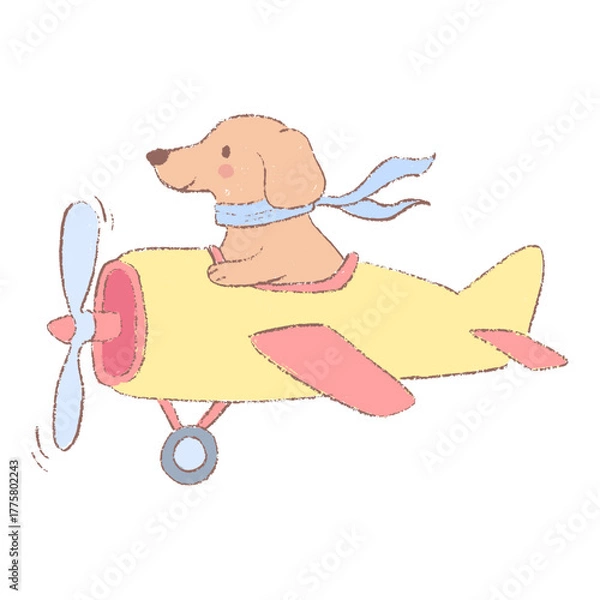 Obraz Cute dachshund flying a small airplane. Adventure and travel concept isolated on white.