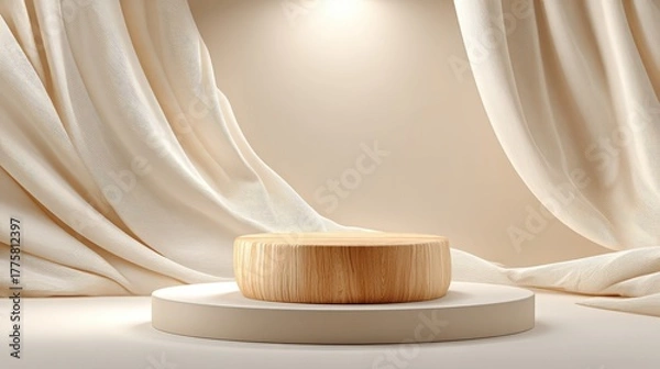 Fototapeta Elegant Display Podium with Cream Drapes, Perfect for Product Showcase and Minimalist Design Concepts