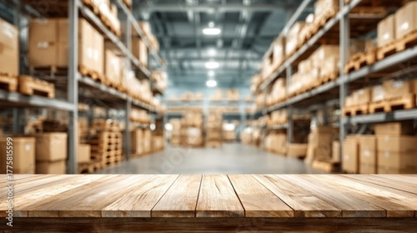 Fototapeta Warehouse Interior with Wood Tabletop Mockup: Storage, Distribution, and Logistics Background for Product Display