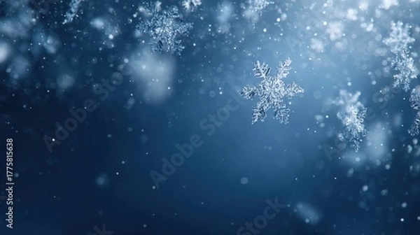 Fototapeta Beautiful Close-up of Snowflakes Falling with a Soft Blue Background, Perfect for Holiday or Winter Projects
