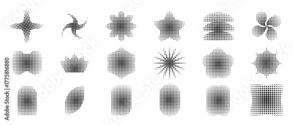 Fototapeta Set of trendy black shapes with pixel, halftone or grainy texture isolated on white background. Dotted star and flower, arch and petal, crown and sun modern y2k forms. Vector graphic illustration.