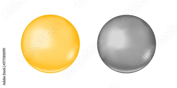 Fototapeta Gold and silver bubbles isolated on white background. Round oil drops. Plastic or metallic orange and grey balls. Omega 3 or 6, collagen, vitamin D pills. Pearl or bead. Vector realistic illustration.