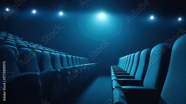 Fototapeta Empty Dark Cinema Auditorium with Rows of Seats and Glowing Lights, Blue Toned Image