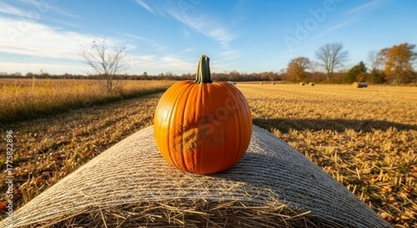 Obraz Bright Orange Pumpkin Sitting on Hay Bale in Harvest Field Under Clear Blue Sky