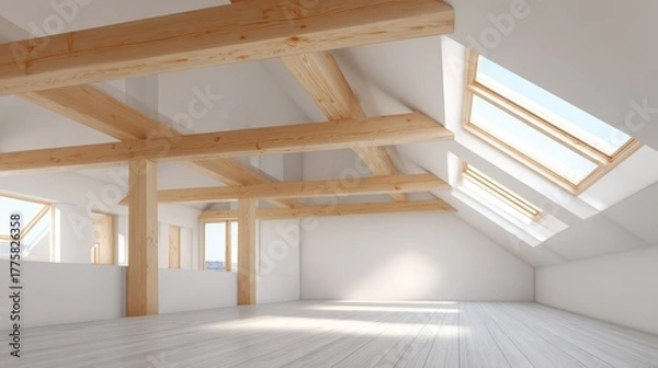 Fototapeta Bright Attic Conversion with Skylights and Exposed Wooden Beams, Modern Interior Design and Architecture