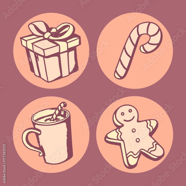 Obraz Set of minimalist flat vector icons of Christmas gifts and sweets. Includes gift boxes, candy canes, gingerbread cookies, and mugs of hot cocoa.