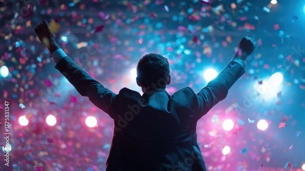Fototapeta Successful Businessman Celebrating Achievement Under Confetti Shower on Stage with Dramatic Lighting Back View