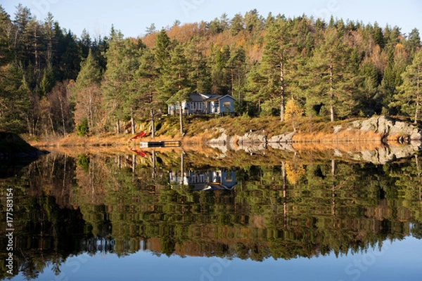 Fototapeta Autumn forest landscape reflecting in water