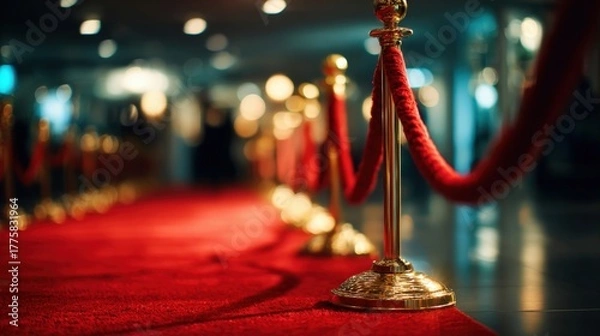 Fototapeta Elegant red carpet entrance with velvet ropes and golden stanchions, creating a luxurious event atmosphere