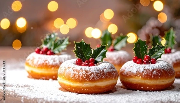 Fototapeta Christmas donuts decorated with tiny Christmas trees and holly leaf candies, powdered sugar covered and displayed on a bokeh background