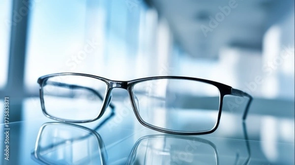 Fototapeta Modern Eyeglasses on Reflective Surface with Blurred Background, Illustrating Vision Correction and Contemporary Style