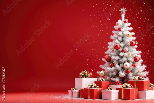 Fototapeta Red Background Christmas Scene with White Tree, Red Gold Ornaments and Gift Boxes