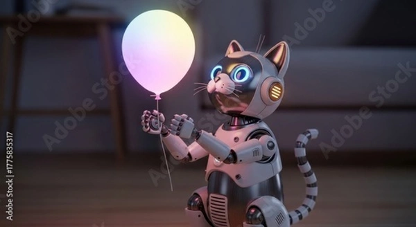 Obraz Futuristic robotic cat holding a glowing balloon embodies artificial intelligence