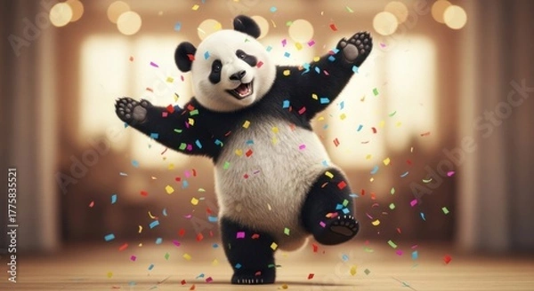 Obraz Joyful panda bear celebrating with confetti against a bokeh background party time