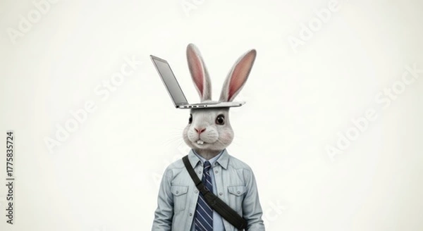 Obraz Rabbit businessman with laptop on head concept, humorous and creative image depicting modern