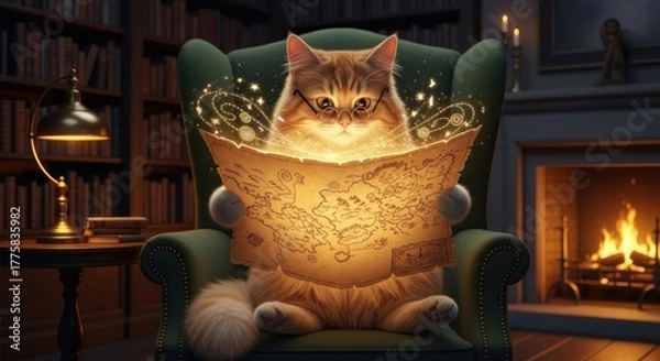 Obraz Whimsical feline scholar engrossed in magical map amidst cozy library ambiance