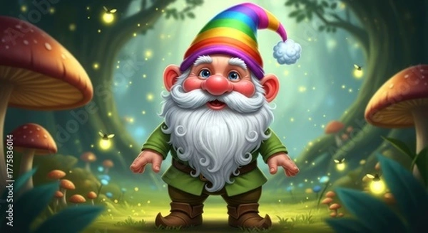 Obraz Whimsical gnome with rainbow hat in magical forest landscape with glowing fireflies
