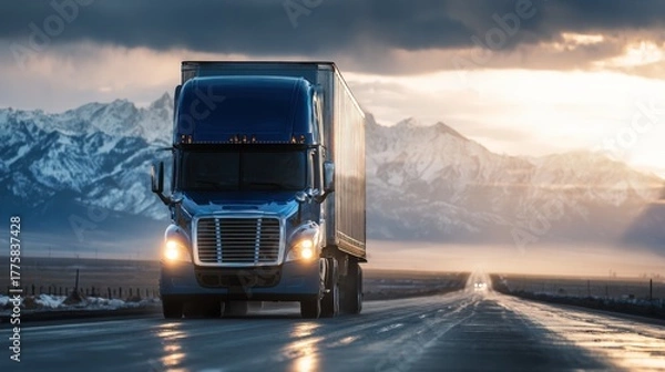 Fototapeta Semi-Truck Delivering Cargo on a Highway with Mountain Backdrop, Emphasizing Transportation and Logistics