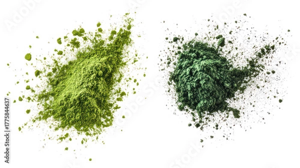 Obraz Two sets of spirulina and green tea powder splash overhead on transparent background