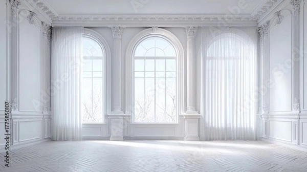 Fototapeta Elegant Empty Room with Arched Windows and White Curtains, Classic Interior Design