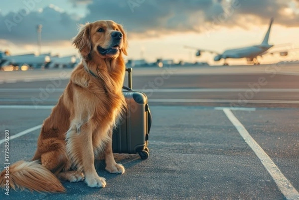 Fototapeta Pet dog and rolling suitcase on airport runway, aviation in motion, symbol of modern travel with animals