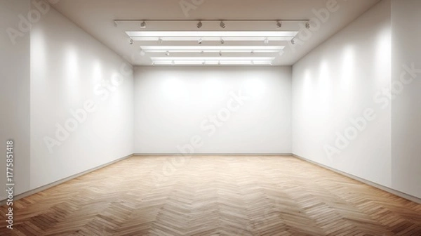 Fototapeta Empty Gallery Interior with White Walls and Parquet Flooring, Ideal for Art Exhibition and Presentation