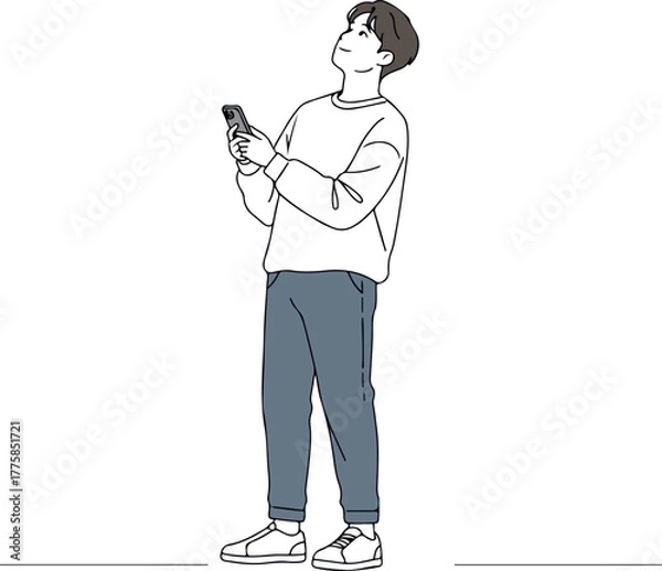 Obraz Man Looking Up Holding Smartphone Minimalist Line Art Vector