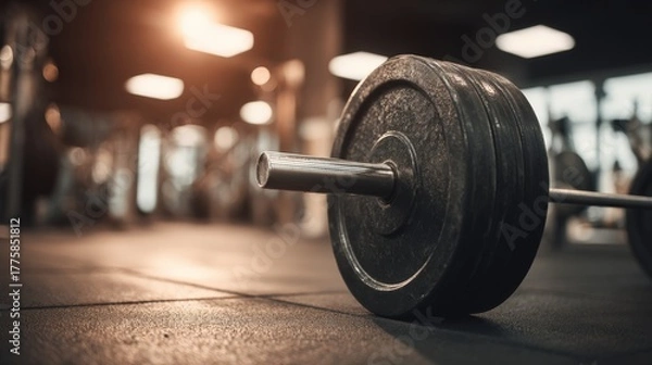 Fototapeta Barbell with Weight Plate on Gym Floor Ready for Workout and Strength Training
