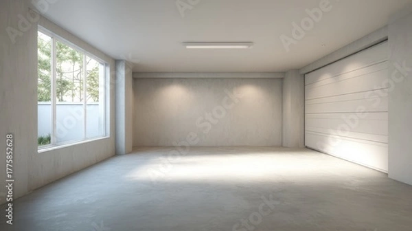 Fototapeta Empty Modern Garage Interior with Natural Light, Concrete Floor, and White Walls for Vehicle Storage