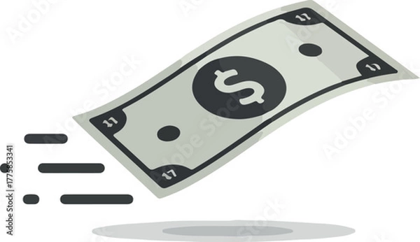 Obraz One Dollar Bill Flying Fast Motion Graphic Minimalist Vector Isolated