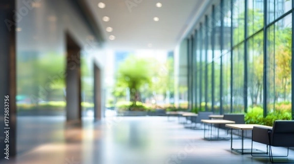 Fototapeta Blurred Modern Office Lobby with Natural Light and Greenery Outside, Ideal for Backgrounds